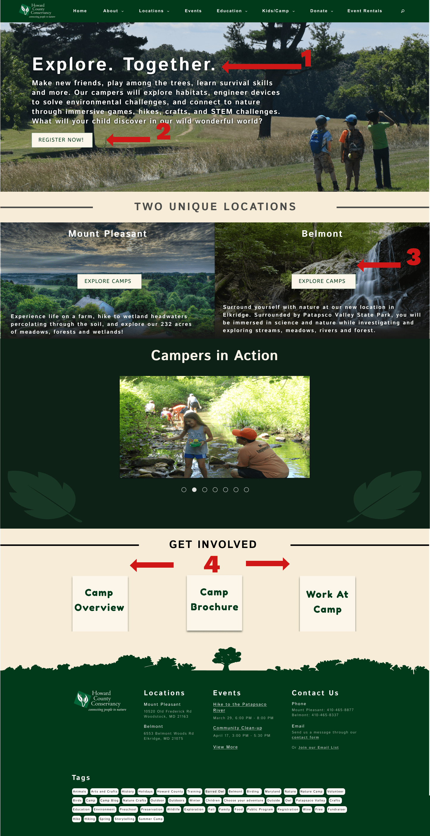 An image of a non-final redesign concept for the HCC camp page, with annotations to show design changes