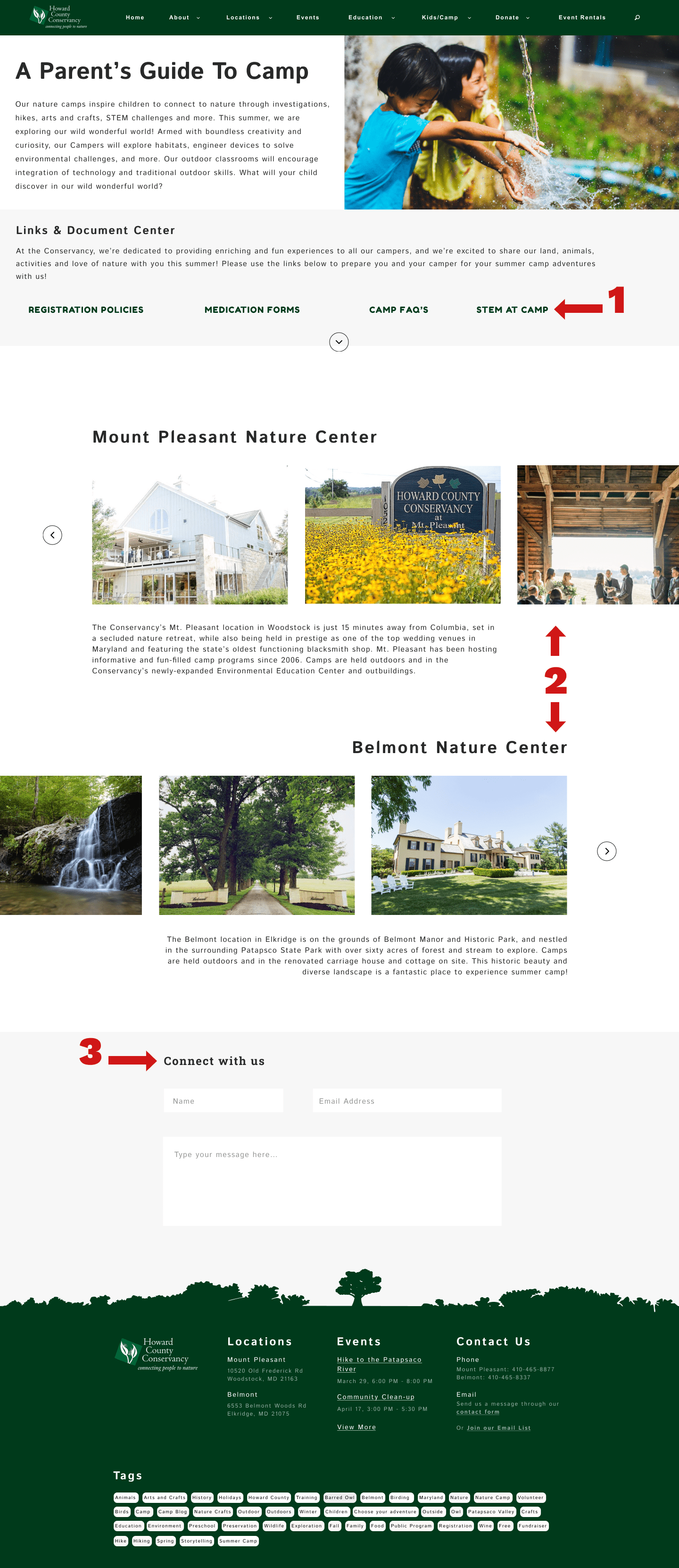 An image of a non-final redesign concept for the HCC camp page, with annotations to show design changes