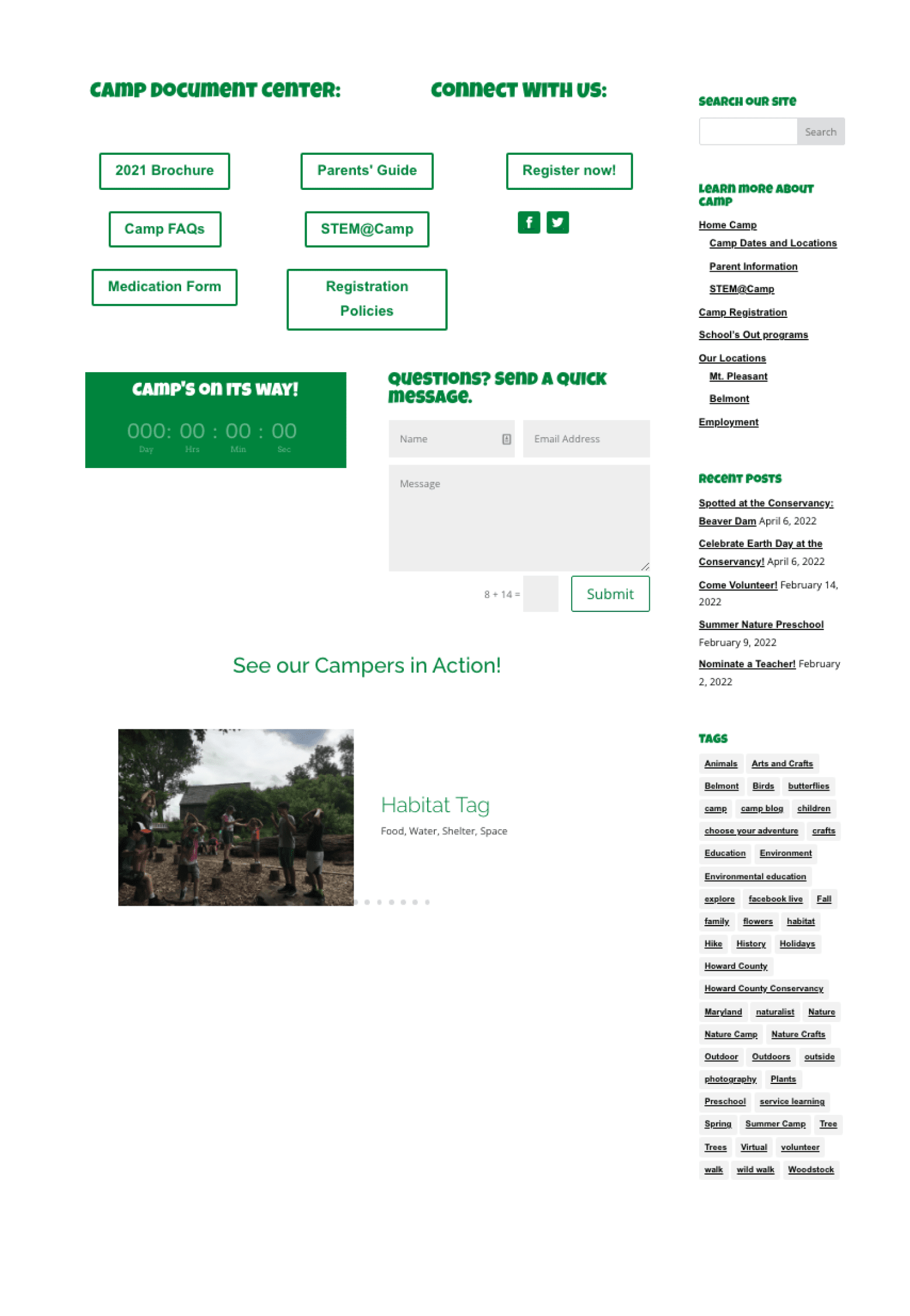 An image showing the existing version of Howard Nature's camp parent page, prior to a redesign