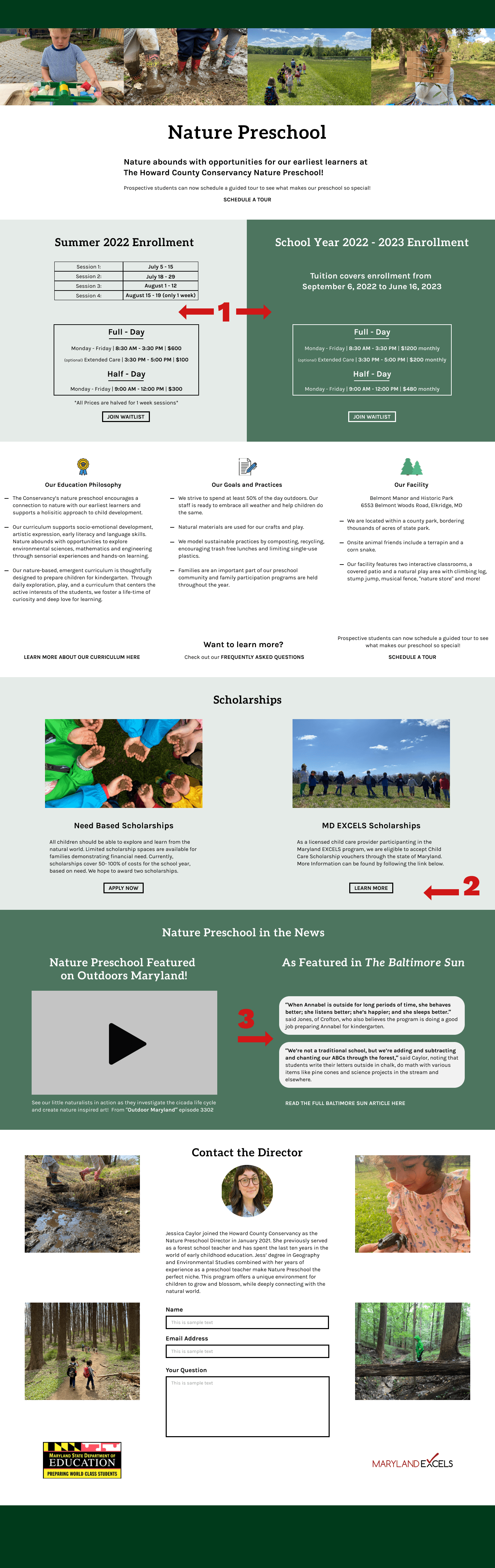 An image of the final product of a redesign of the HCC Preschool webpage, with annotations to show where design changes were made